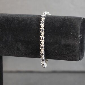 FAS Signed Sterling Silver 925 Tennis Bracelet Black Gemstones S Link Prong Set